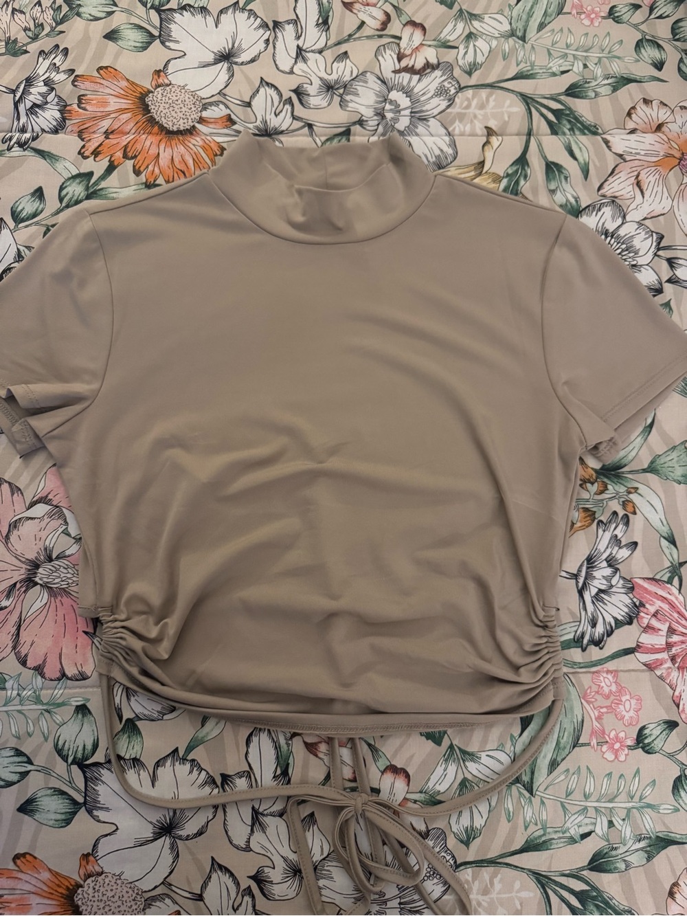 Forever 21 Taupe Drawstring Mock Neck Crop Top